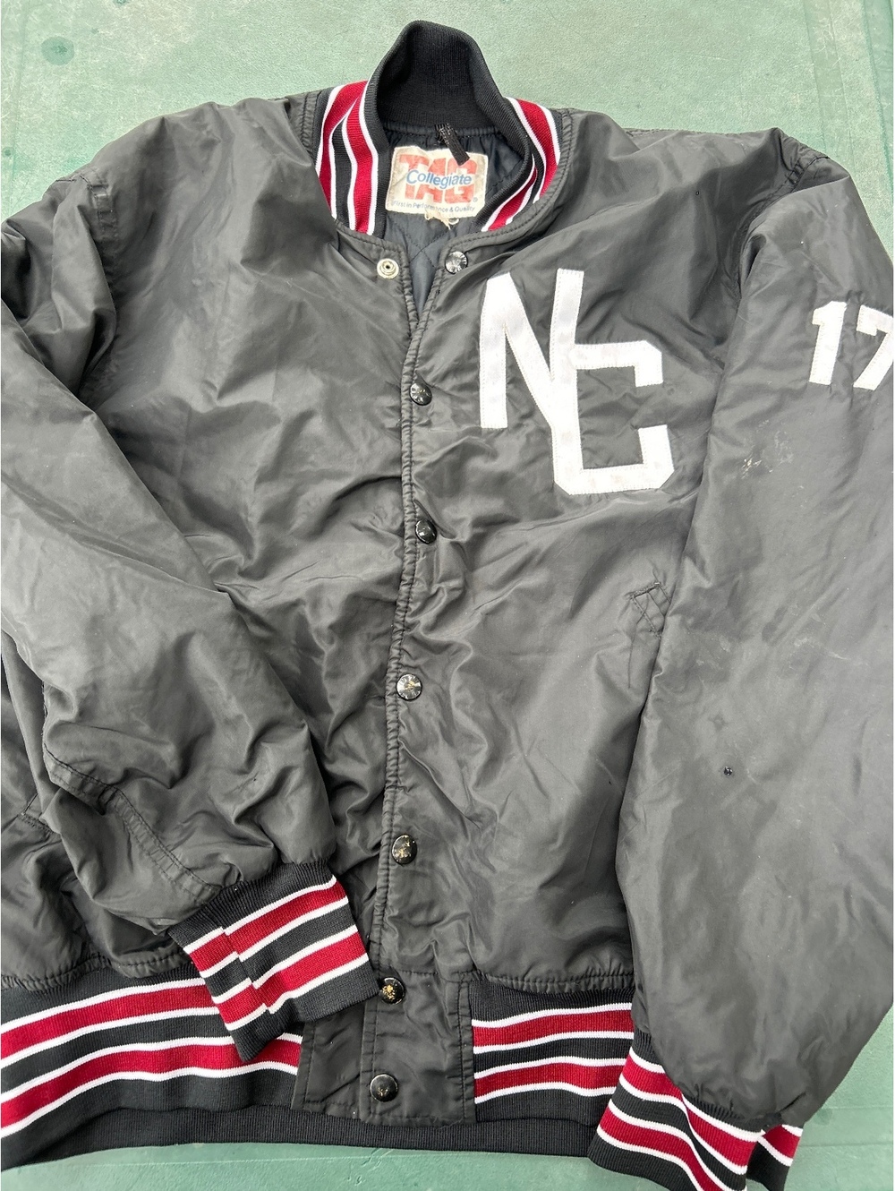 TAG Collegiate Men's Varsity Jacket Black with Red and White Stripes